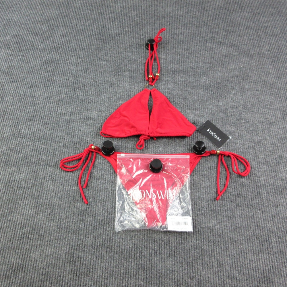 ICONSWIM Bikini Womens M Crimson Red Triangle Halter Lined Beaded 2 Piece NWT